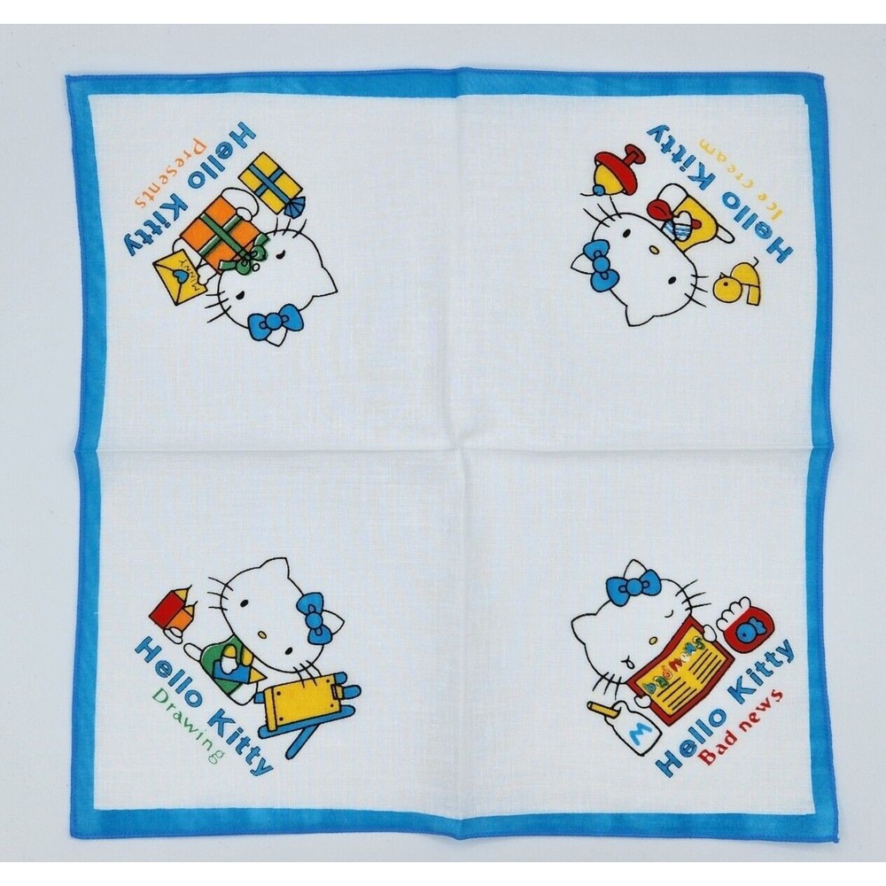 Vintage Hello Kitty Cotton Cloth Napkin Handkerchief Blue - 1980s NOS - New!